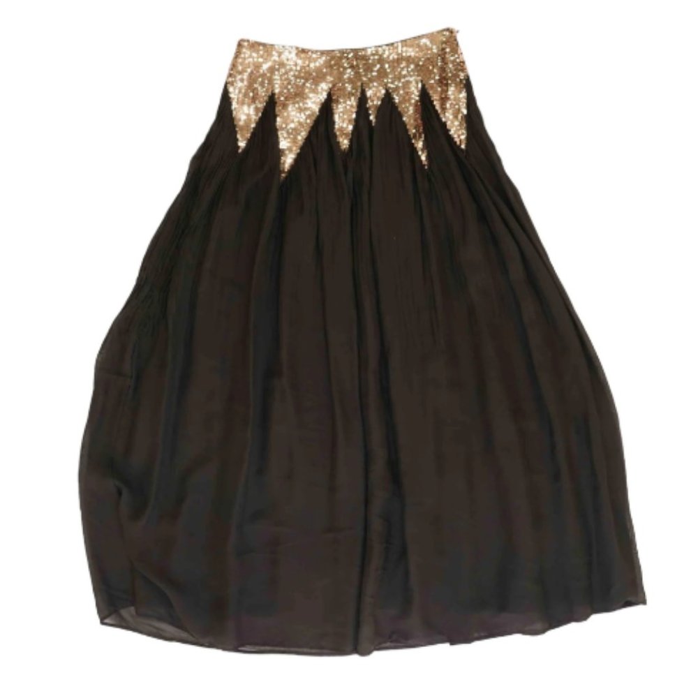 CYNTHIA ROWLEY - Silk Black Solid Maxi Skirt w/Sequins